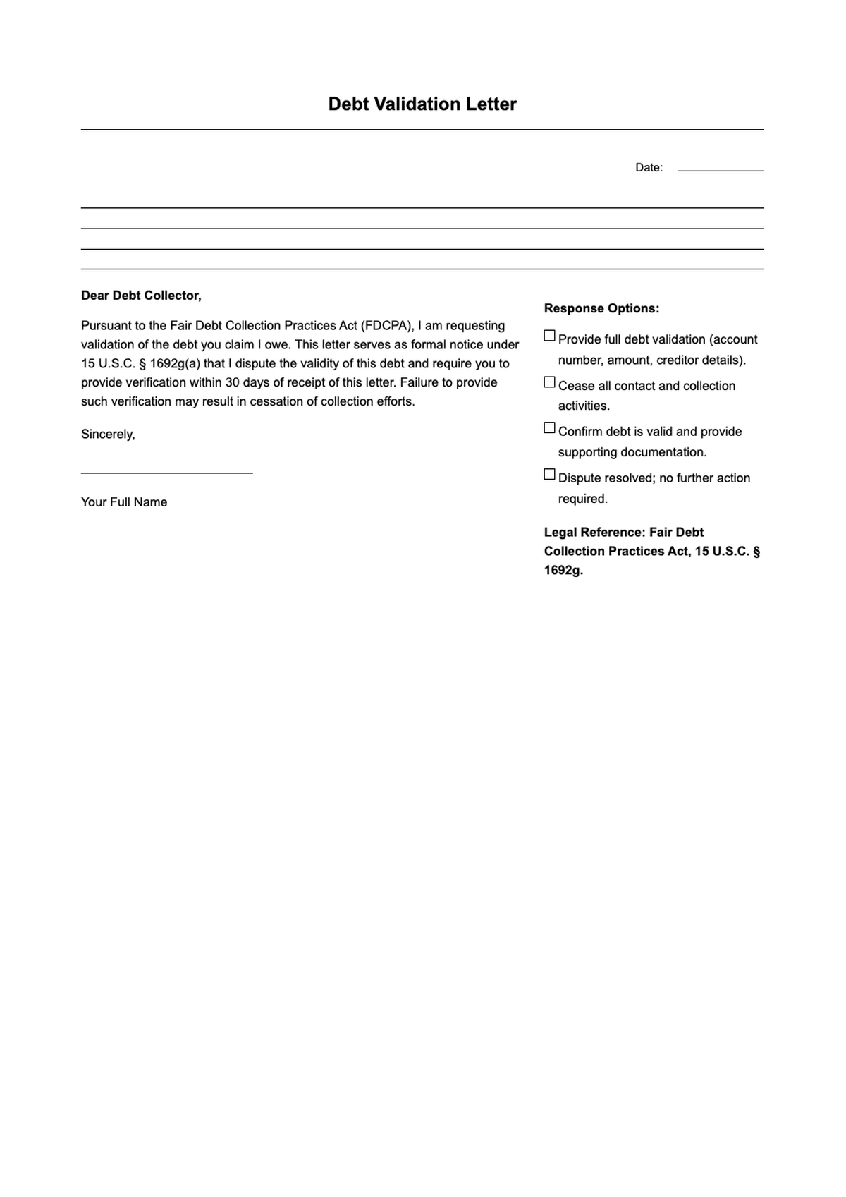 Debt validation letter template with fillable fields and Fair Debt Collection Practices Act notice_variant_3
